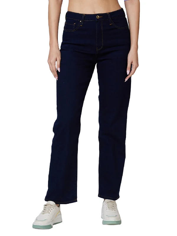 French Style Spykar High Rise  Straight Fit Blue Jeans For Women