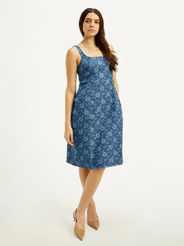 Cozy Fit Women's Floral Blue Square Neck Dress