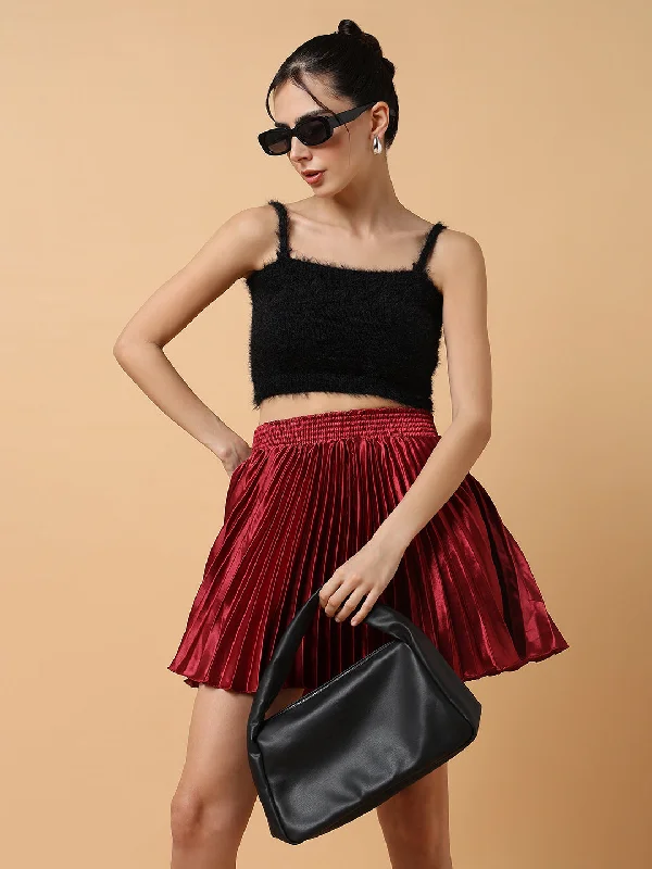 Youthful Style Women Solid Maroon Mini Flared Skirts