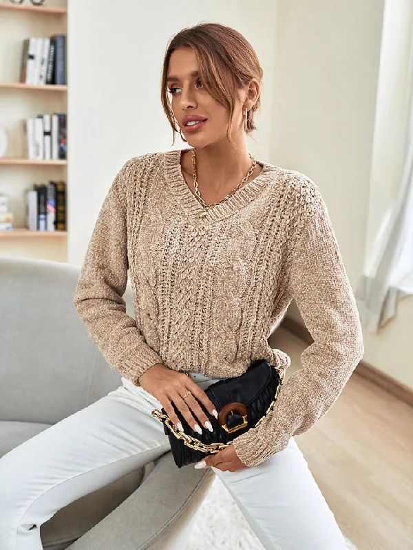 Low-key Luxury V-Neck Cable-Knit Long Sleeve Sweater