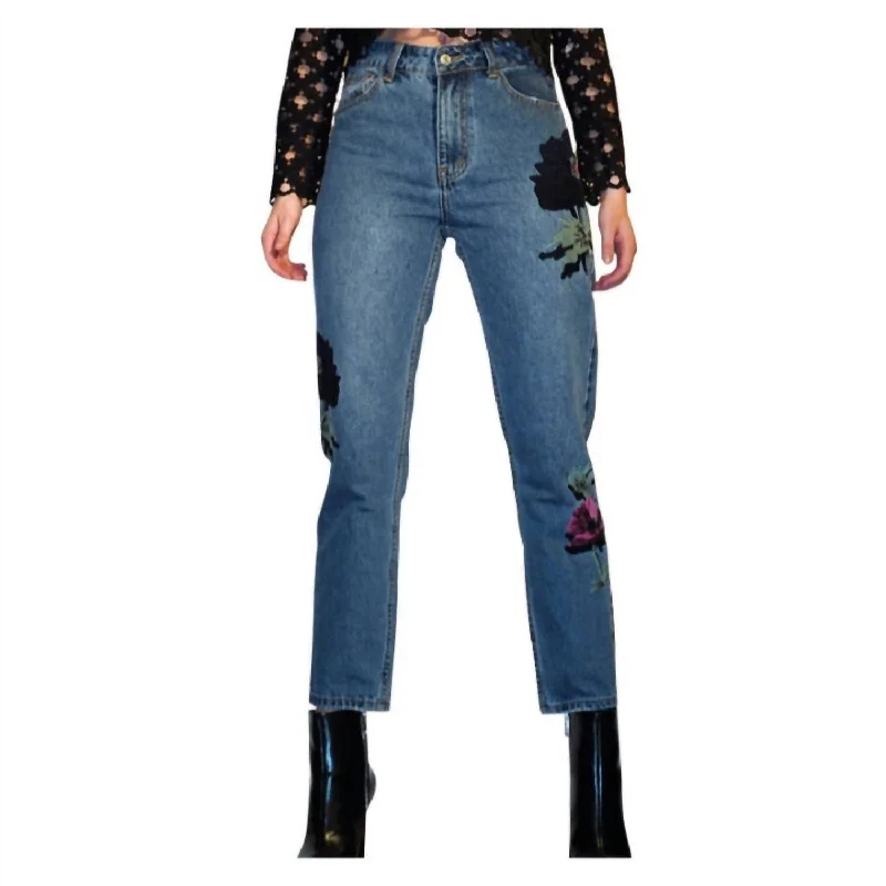 Sports outdoor style Sweet Pea Embroidered Jeans In Medium Blue