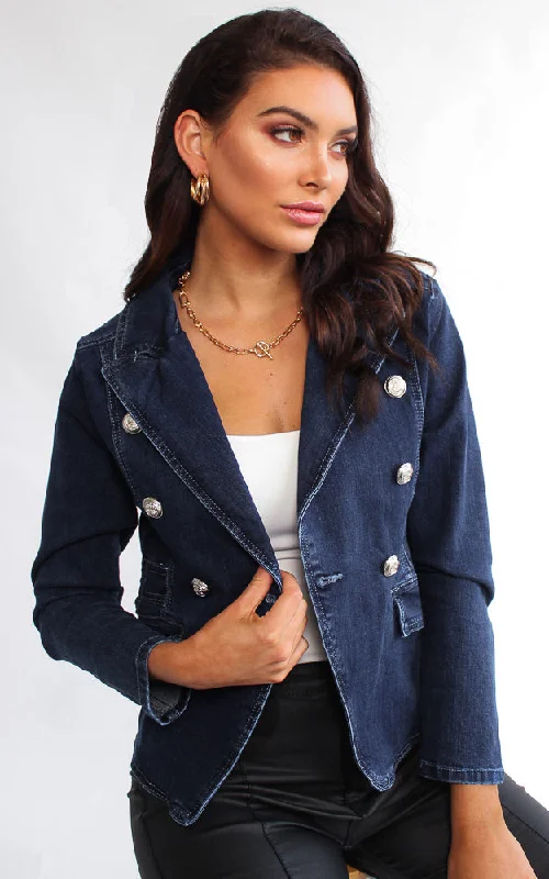 Warm Winter Series Royalty Denim Blazer Jacket - Dark Blue