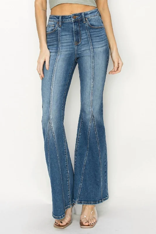 Street Casual Style High Rise Flare Front Seam Detailed Jeans In Dark Denim