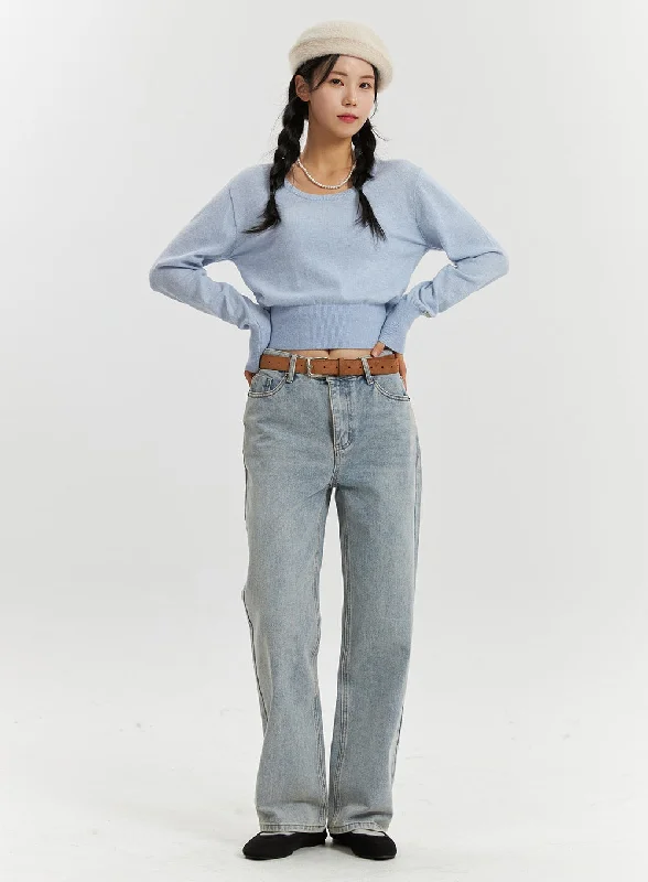 Comfortable and simple High-Waisted Full-Length Straight Leg Jeans OD320