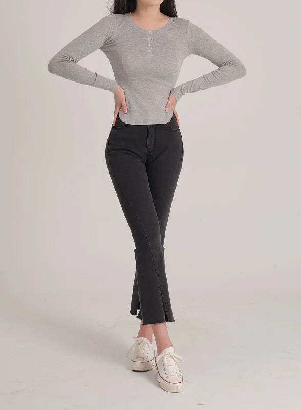 Sports And Leisure Bootcut Black Jeans with Front Slit J31