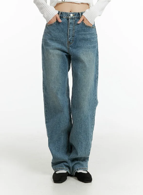 Printed pattern Washed Denim Straight Leg Jeans OF414