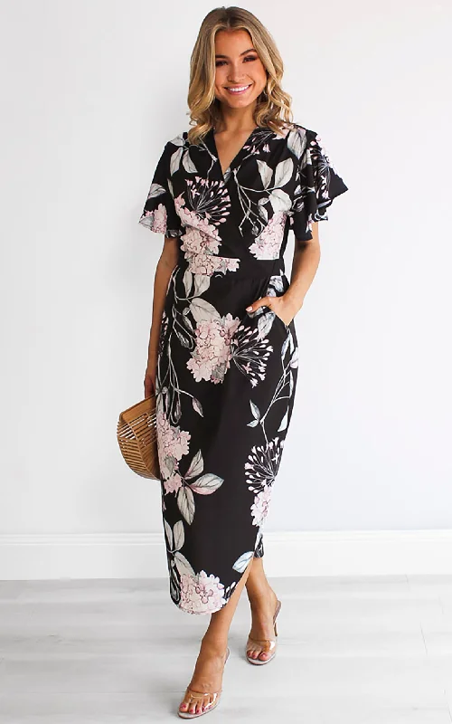 Black And White Style Brandy Midi Dress - Black Floral