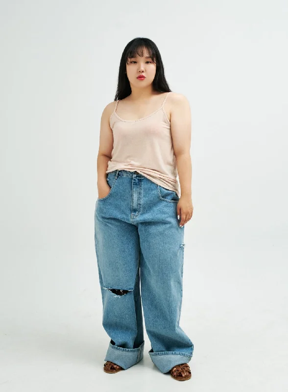 Street Show-off Style Plus Distressed Wide Leg Denim Pants IY24