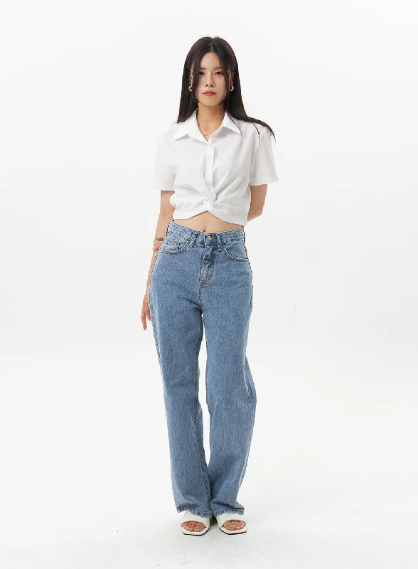 Sports suit style Mid-Wash Wide Jeans OU328