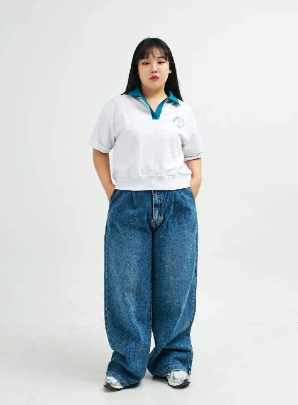 Retro Lace Fabric Plus Pintuck Wide Leg Denim Pants IY24